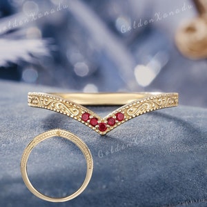 Ruby Curved Wedding Band Solid Gold Ruby Wedding Ring Handmade Engraved Vine Promise Ring Chevron Red Gemstone Ring Stackable Rings