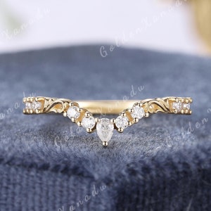 Unikalny Moissanite Zakrzywiony Obrączka Ślubna Solid Gold Vintage Grawerowane Liście Obrączki Ślubne Stacking Promise Rings dla Kobiet Biżuteria Ręcznie Robiona