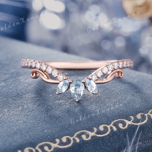 Aquamarine Curved Wedding Band Dainty Rose Gold Aquamarine Wedding Ring Stackable Rings Art Deco Ring Promise Rings for Women Gift for Her