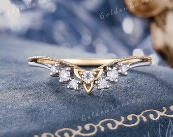 Celtic Knot Moissanite Curved Wedding Band Two Tone Irish Moissanite Ring Solid Gold Diamond Ring Handmade Promise Stackable Rings for Women