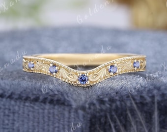 Blue Sapphire Curved Wedding Band Solid Gold Vintage Engraved Patterned Wedding Rings with Handmade Flower Stackable Promise Rings for Women