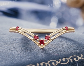 Alliance minimaliste incurvée en rubis, bague de mariage en rubis en or massif, double anneau de pierres précieuses rouges, bagues empilables, bagues assorties faites à la main pour femme