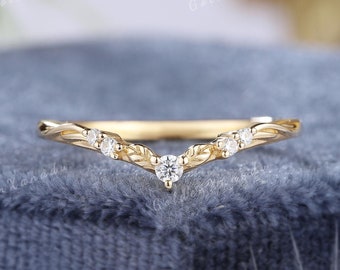Vintage Moissanite Curved Wedding Band Solid Gold Diamond Wedding Ring Leaf Matching Ring Custom Ring Handmade Anniversary Rings for Women