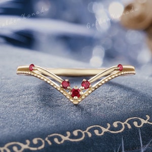 Minimalist Ruby Curved Wedding Band Solid Gold Ruby Wedding Ring Red Gemstone Double Bands Stackable Rings Handmade Matching Rings for Women