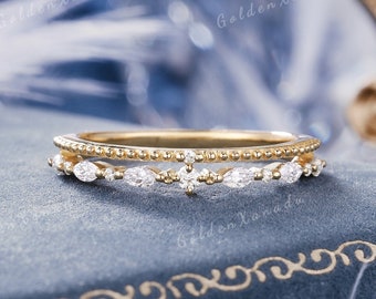 Dainty Moissanite Wedding Band Solid Gold Marquise Moissanite Wedding  Ring Half Eternity Double Band Stackable Promise Ring For Her