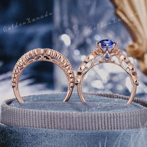 Victorian Cornflower Blue Sapphire Engagement Ring Set Solid Gold Oval Sapphire Rings  Moissanite Curved Wedding Band Rings For Women