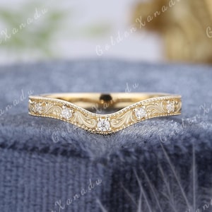 Moissanite Curved Engraved Wedding Band Solid Gold Vintage Patterned Wedding Rings with Handmade Flower Stackable Promise Rings for Women