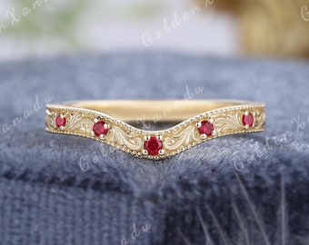 Rubin Gebogener Ehering Massivgold Vintage Gravierte Trauringe