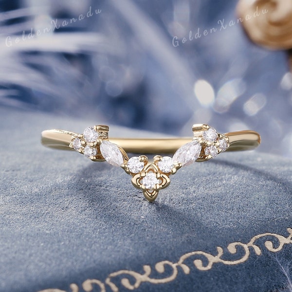 Moissanite Curved Wedding Band Vintage Solid Gold Moissanite Wedding Ring Floral Diamond Band Stackable Rings Promise Rings For Women