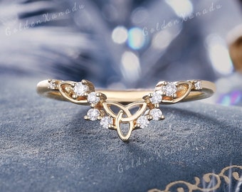 Diamond Curved Wedding Band Celtic Ring Gold Moissanite Ring Salt and Pepper Diamond Ring Solid Gold Irish Triquetra Stackable Promise Rings