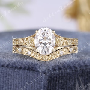 Vintage Oval Moissanite Engagement Ring Set Handmade Engraved Flower Moissanite Wedding Rings Solid Gold Promise Rings For Women Gift
