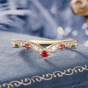 Ruby Curved Wedding Band Vintage Solid Gold Ruby Wedding Ring Red Gemstone Rings Promise Ring Anniversary Gift Stackable Rings for Women