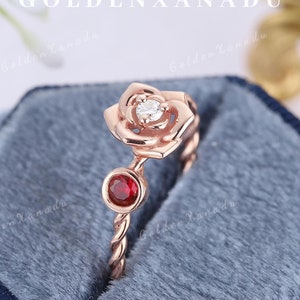 Rose Flower Diamond and Ruby Engagement Ring Natural Floral Wedding Band Handmade Gemstone Rings Solid Gold Promise Matching Rings for Women