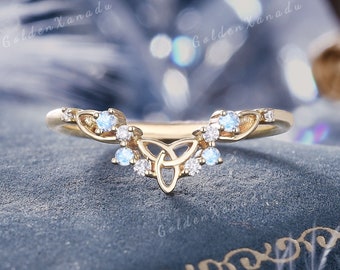 Moonstone Curved Wedding Band Celtic Ring Gold Moonstone Wedding Ring Celtic Knot Ring Ireland Eternity Birthstone Rings For Women