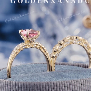 Victorian Pink Sapphire Engagement Ring Set Solid Gold Pink Sapphire Wedding Rings Vintage Moissanite Wedding Band Promise Gemstone Rings