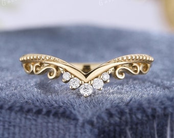 Solid Gold Moissanite Curved Wedding Band, Milgrain Promise Ring Stackable For Women