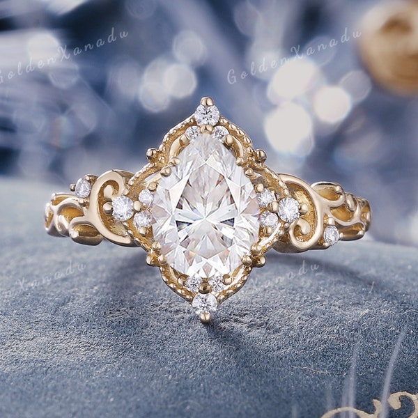 Victorian Pear Moissanite Engagement Ring Solid Gold Vintage Teardrop Moissanite Wedding Ring Diamond Cluster Promise Rings For Women