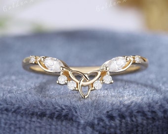 Diamond Curved Celtic Wedding Band Solid Gold Marquise Moissanite Irish Wedding Ring Celtic Knot Promise Ring Handmade Rings for Women