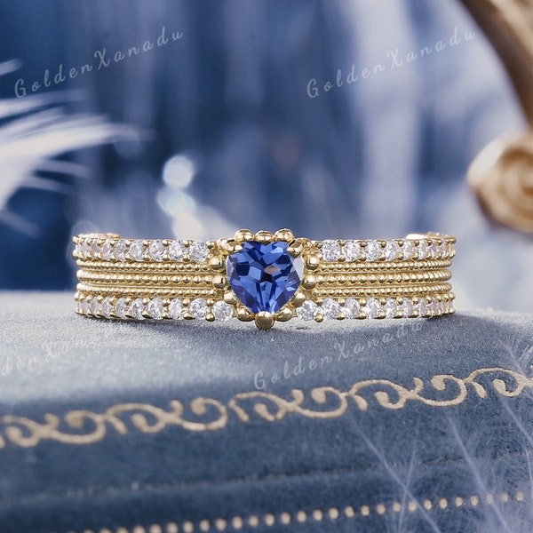 Heart Cut Sapphire Engagement Ring Solid Gold Blue Sapphire Wedding Ring With Moissanite Wedding Band Miligrains Anniversary Rings for Women