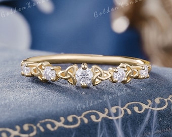 Moissanite Celtic Wedding Band Solid Gold Celtic Ring Moissanite Wedding Ring Irish Ring Triquetra Promise Ring Stackable Rings for Women