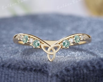 Moss Agate Curved Celtic Wedding Band Solid Gold Moss Agate Wedding Ring Eternity Knot Promise Stackable Rings for Women Handmade Jewelry