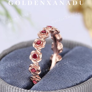 Ruby Wedding Band Handmade Ruby Rose Ring Solid Gold Rosebud Wedding Ring Natural Inspired Flower Promise Ring Matching Rings for Women