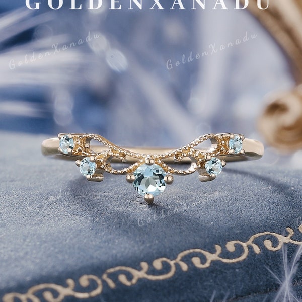Vintage Aquamarine Curved Wedding Band Solid Gold Aquamarine Wedding Ring Art Deco Blue Gemstone Ring Custom Stackable Rings for Women