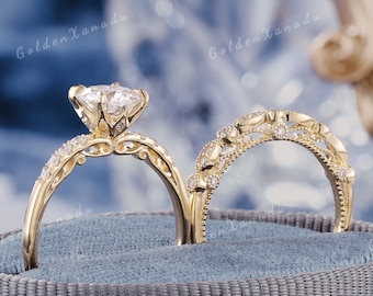 Victorian Moissanite Engagement Ring Set Vintage Solid Gold Moissanite Wedding Ring Moissanite Wedding Band Lotus Promise Rings for Women