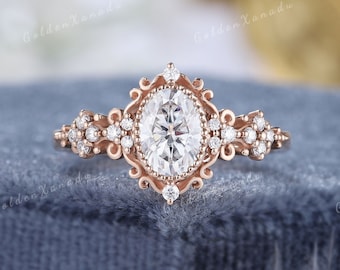 Oval Moissanite Engagement Ring Rose Gold Vintage Moissanite Wedding Ring Diamond Cluster Promise Ring  Anniversary Gift Rings For Women