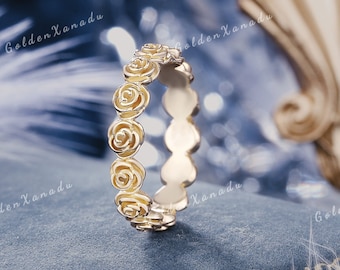 Natural Inspired Eternity Rose Floral Wedding Band Solid Gold Rose Carved Design Straight Wedding Matching Rings Anniversary Rings for Women