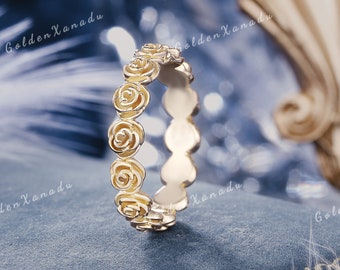 Rose Flower Wedding Band Solid Gold Rosebud Wedding Ring Natural Inspired Rose Austin Ring Matching Rings for Women Personalized Jewelry