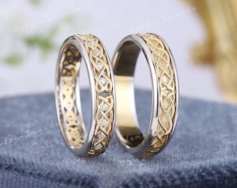 Two Tone Celtic Wedding Bands His and Hers Ring Solid Gold Mens Ring Celtic Wedding Rings Handmade Couple Matching Rings For Men and Women