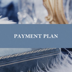 May include: A blue background with the words "PAYMENT PLAN" in white. The image also features a close-up of a blue box with gold trim and white feathers.