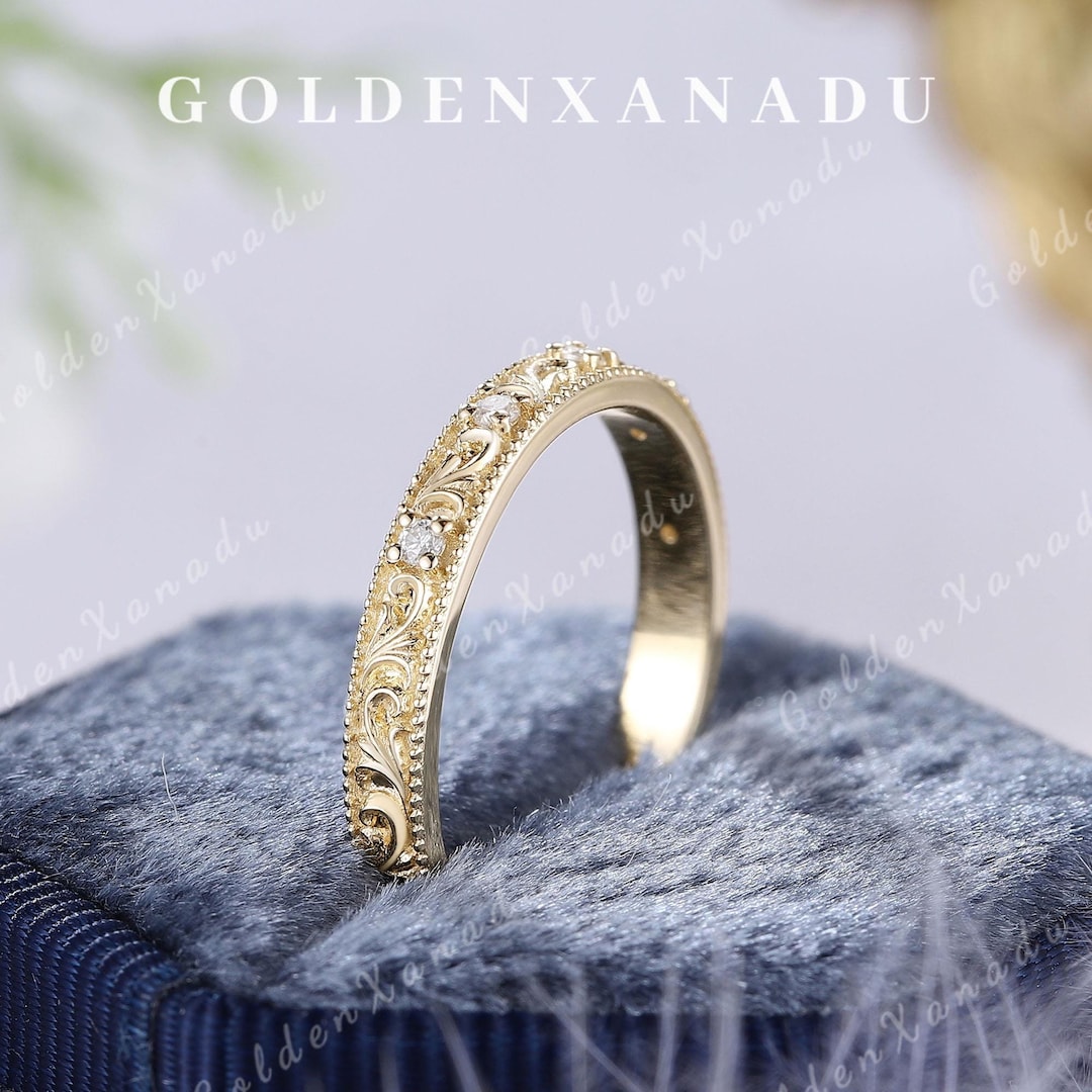 Vintage Moissanite Engraved Wedding Band Ring Solid Gold Antique ...