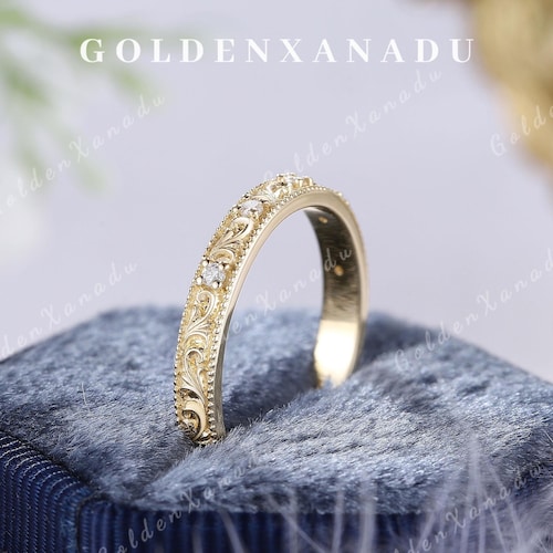 Anillo de boda de oro macizo grabado, anillos a juego con diseño antiguo grabado de Goldenxanadujewelry