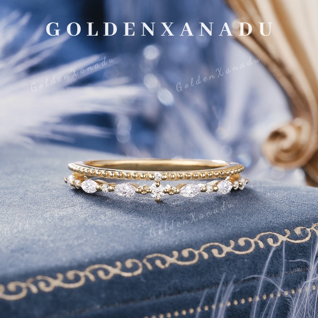 Dainty Solid Gold Marquise Moissanite Double Wedding Band Half Eternity ...