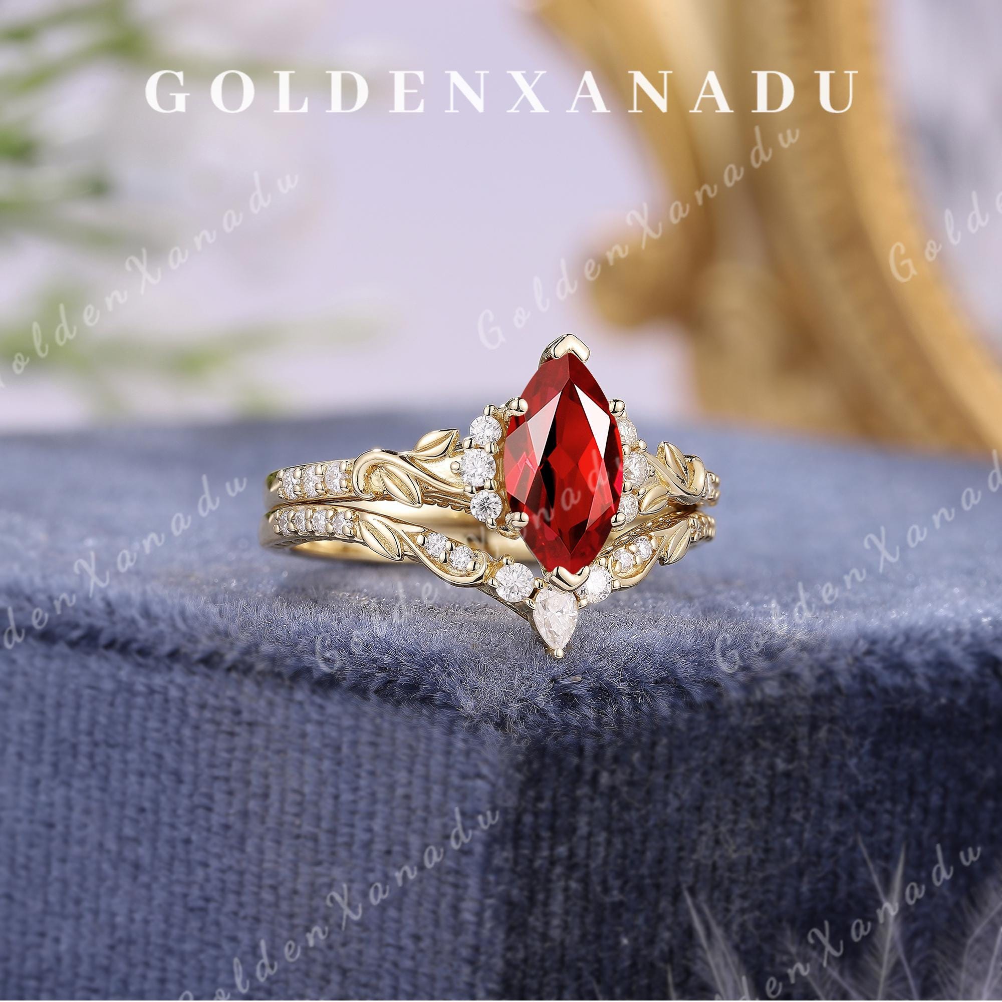 Vintage Marquise Ruby Engagement Ring Set, Handmade Floral Leaf Gold ...