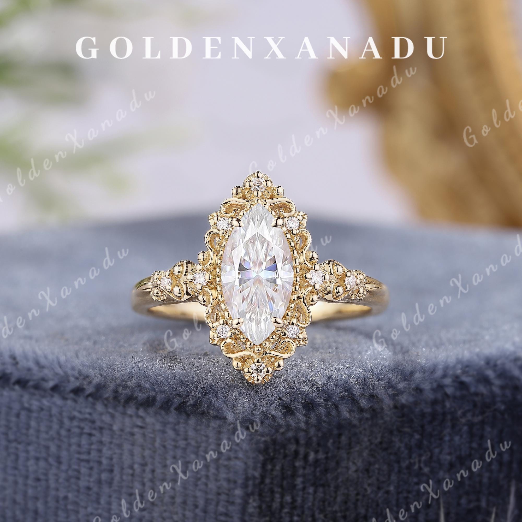 Victorian Marquise Moissanite Engagement Ring Thick Gold Vintage Moissanite Wedding Ring Filigree Promise Rings for Women Handmade Jewelry