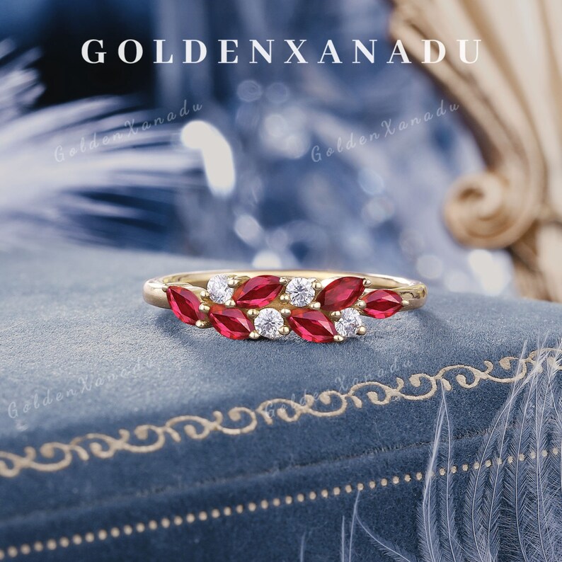 Marquise Ruby Wedding Band Solid Gold Ruby Wedding Ring Red Gemstone ...