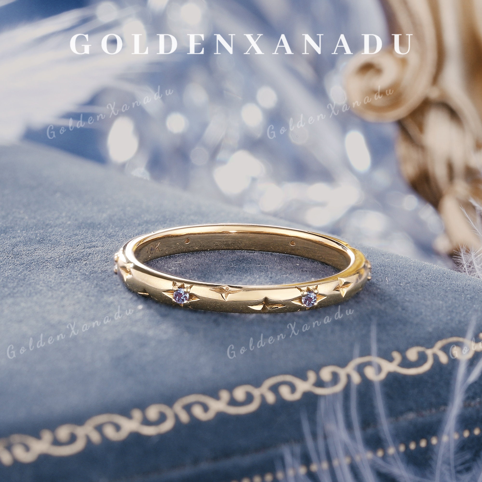 Alexandrite Wedding Band Starburst Solid Gold Ring 14k Gold Dainty ...