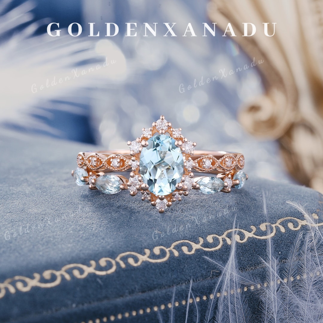 Anillo de compromiso vintage con aguamarina, anillo de oro rosa - Main Image