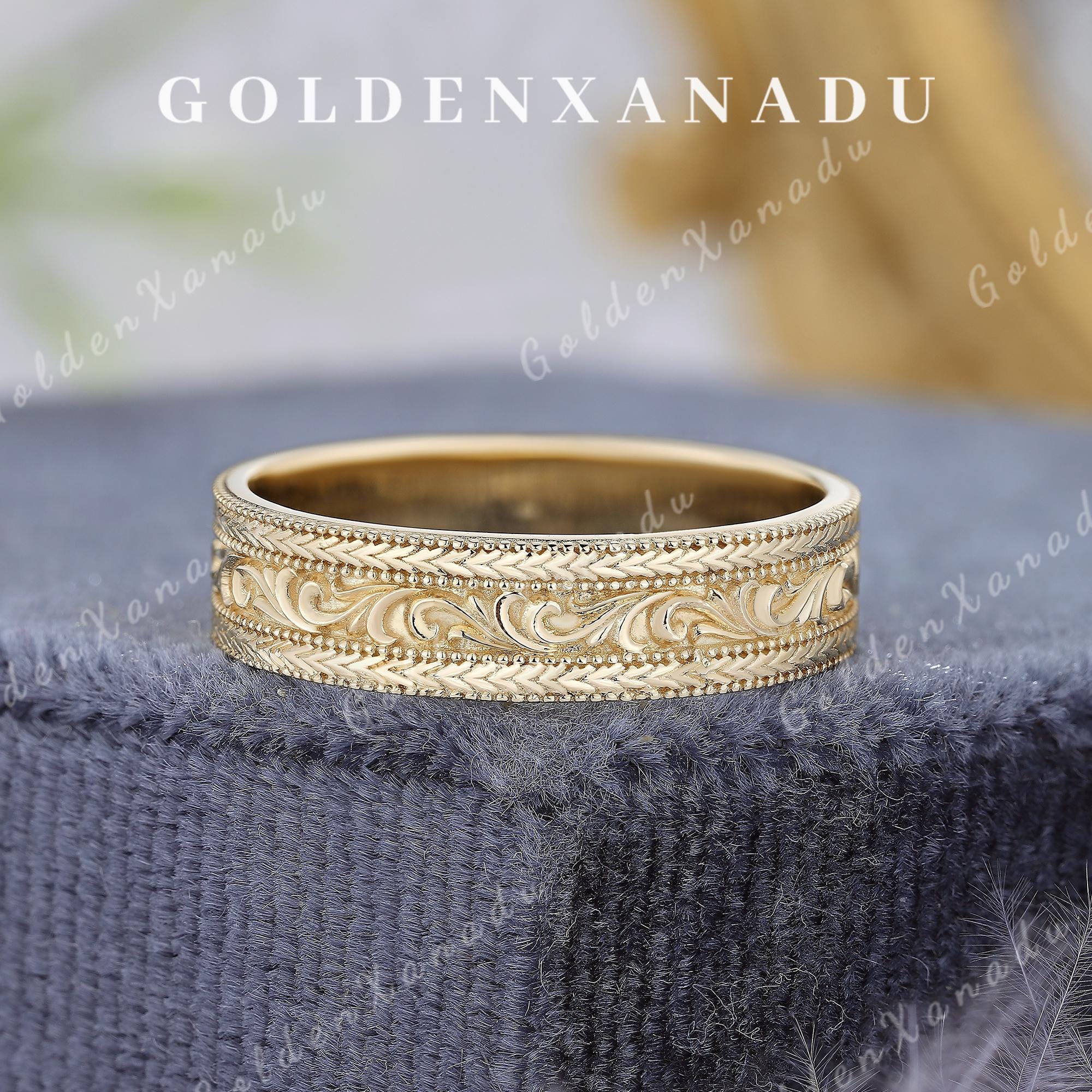 Victorian Mens Ring Handmade Engraved Wedding Band Art Deco Wedding Ring Thick Gold Matching Rings Antique Promise Rings For Men Jewelry
