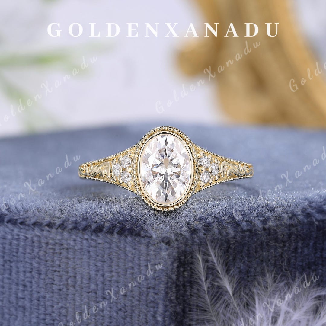 Vintage Bezel Set Oval Moissanite Engagement Ring Solid Gold Handmade ...