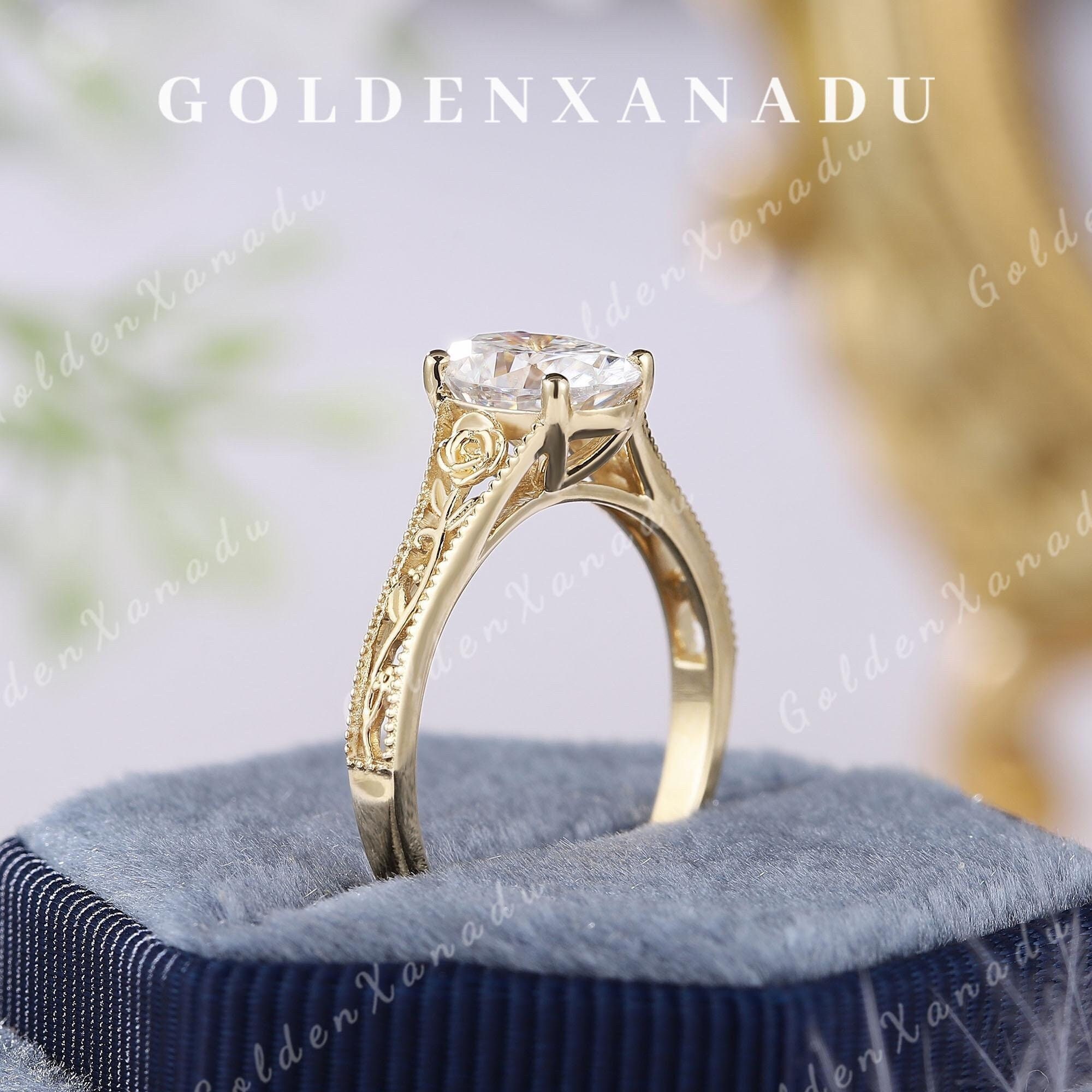 Vintage Oval Moissanite Engagement Ring Handmade Engraved Flower Moissanite Wedding Ring Solid Gold Promise Rings For Women Anniversary Gift