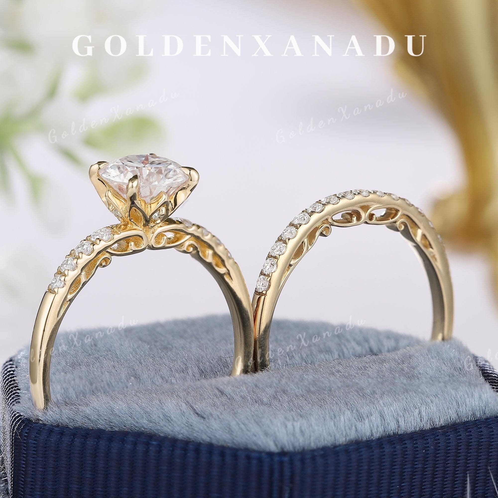 Vintage Moissanite Engagement Ring Set Solid Gold Moissanite Wedding Ring Moissanite Wedding Band Lotus Promise Rings for Women