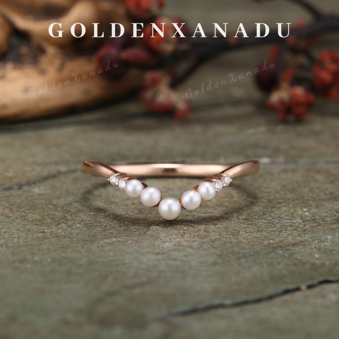 Unique Pearl Wedding Band Vintage Diamond Cluster Rose Gold Etsy Australia