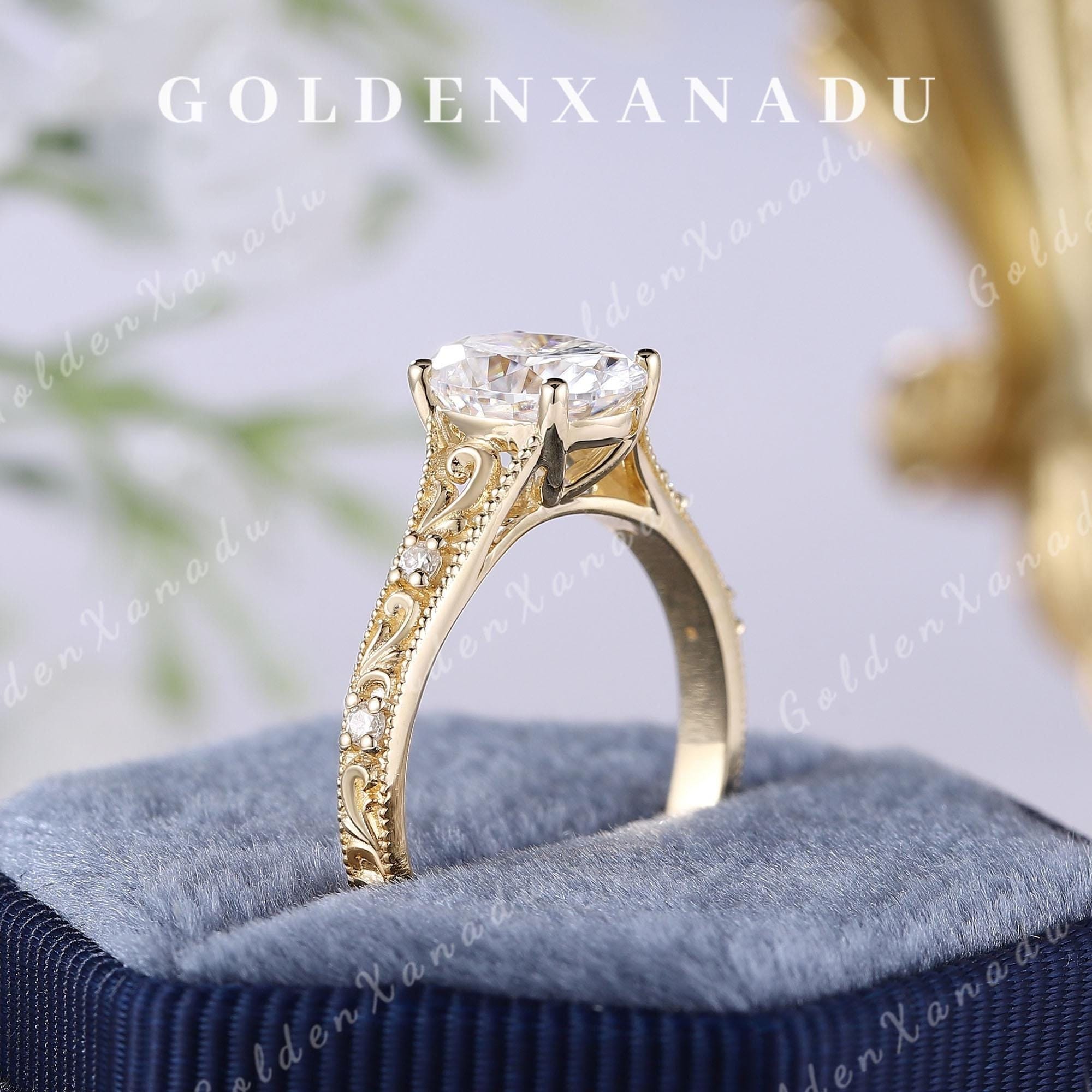 Moissanite Engagement Ring Solid Gold Vintage Oval Moissanite Wedding Ring Engraved Flower Ring Promise Rings For Women Anniversary Gift