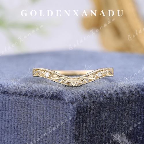 Alliance incurvée en moissanite gravée d'inspiration naturelle, bague de mariage en diamant faite main en or massif, bagues de promesse empilables pour femme