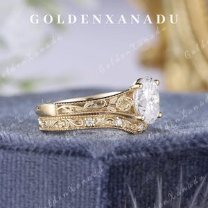 Vintage Oval Moissanite Engagement Ring Set Solid Gold Handmade ...