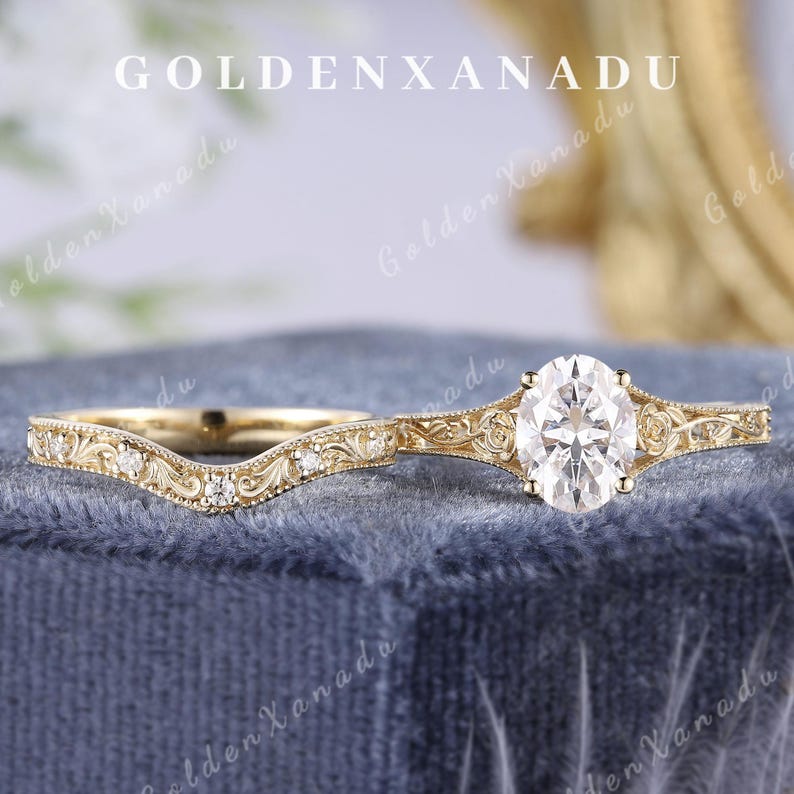 Vintage Oval Moissanite Engagement Ring Set Solid Gold Handmade ...